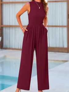 Sleeveless ribbed wide leg jumpsuit for women, casual maroon summer one-piece outfit.
