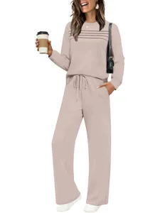 Casual long sleeve top and wide leg pants lounge set in light khaki color for women.
