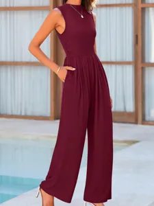 Women sleeveless wide leg jumpsuit solid color casual summer long pants pocket outfit