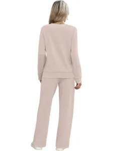 Women casual two piece set long sleeve top trousers autumn daily loungewear outfit details.
