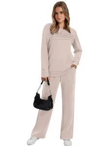 Casual two-piece set women long sleeve top and pants autumn fashion outfit detailed view.