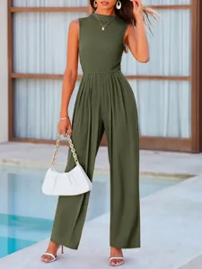 Sleeveless high-neck wide-leg jumpsuit in army green, comfortable and chic summer fashion.