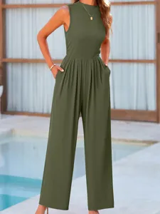 Sleeveless wide-leg jumpsuit detail showing high neck, relaxing fit, and handy side pockets.