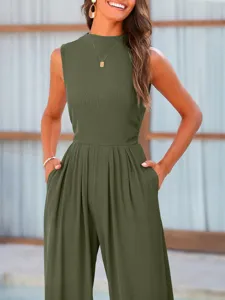 Sleeveless ribbed wide leg jumpsuit for women, casual high neck summer fashion daily outfit.