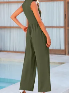 Sleeveless high-waisted wide-leg jumpsuit for women, comfortable casual summer apparel.