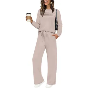 Women Top And Bottom Outfit Long Sleeve Crew Neck Knitted Solid Color Casual Tracksuit Two Piece Loungewear For Autumn Winter