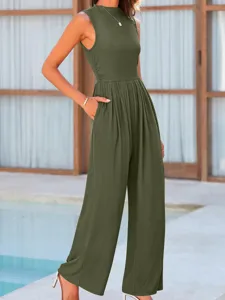 Sleeveless ribbed jumpsuit featuring a casual loose wide-leg design for daily wear.