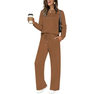 Women long sleeve top and pants two piece set casual autumn loungewear outfit fashion.