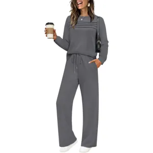 Women long sleeve loungewear set casual two piece outfit solid color sweatshirt wide leg pants.
