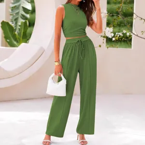 Women solid ribbed knit two piece set crop top and high waist wide leg pants summer