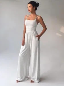 Summer casual grey spaghetti strap wide leg jumpsuit for women, comfortable loose lounge wear.