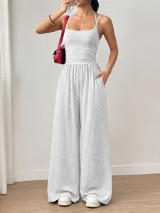 Summer casual halter neck wide leg jumpsuit, stylish grey strappy romper for women daily.