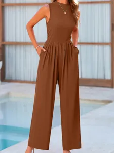 Sleeveless brown wide-leg jumpsuit detail showing high waist and relaxed fit for casual wear.