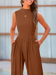 Close-up view of the sleeveless ribbed jumpsuit showing the stylish wide-leg design and pockets.
