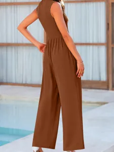 Women's sleeveless solid brown jumpsuit with loose wide-leg design for casual summer wear.