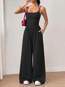 Summer spaghetti strap wide leg jumpsuit women casual loose chic fashion black outfit