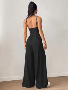 Women black spaghetti strap bandeau wide leg casual jumpsuit summer elegant fashion romper