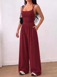 Women Summer Casual Halter Neck Jumpsuit Solid Color Strapless Wide Leg Long Pants