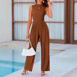 Sleeveless brown wide leg jumpsuit for women, elegant casual summer romper outfit.