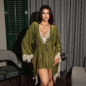 Sexy lace satin robe and sleepdress two-piece set, exquisite loungewear detail view.