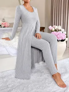 Ensemble de loungewear haut fendu à manches longues côtelé gris et pantalon automne hiver