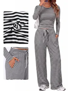 Black and white striped long sleeve top and wide leg pants lounge two piece set.