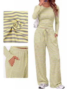 Detail view of the women's striped long sleeve top and wide leg pants casual two piece set.