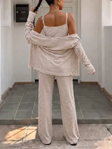 Damen braun weiß gestreiftes 3 teiliges Loungewear Set Rippstrick Top Cardigan und Hose