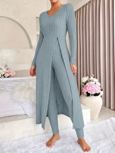 Ensemble deux pieces haut manches longues fente pantalon cote decontracte gris pour femme