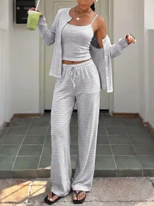 Damen Gestreifter 3-Teiliger Hausanzug Rippstrick Cami Cardigan Und Hose Casual