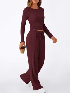 Casual ribbed long sleeve top and wide leg pants set detail view, daily lounge outfit.