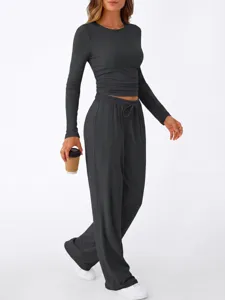 Detailed view of the dark grey long sleeve top and wide leg lounge pants outfit for daily wear.