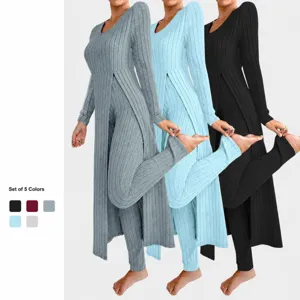 Ensemble Deux Pièces en Maille Côtelée pour Femmes Loungewear Haut à Manches Longues Fendu et Pantalon Décontracté Couleur Unie