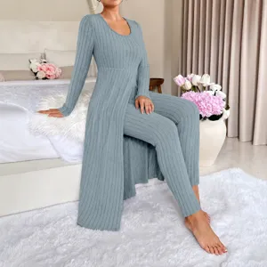 Ensemble Deux Pièces Casual Femme Top Manches Longues Fendu Pantalon Maille Côtelée