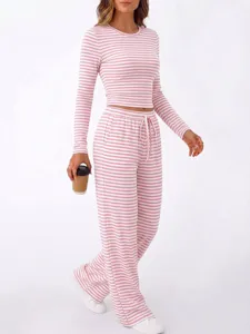 Pink and white striped long sleeve crop top and wide leg pants lounge set for women comfy.