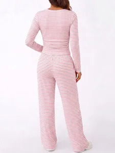 Striped long sleeve top and wide leg pants loungewear set for women, casual two piece outfit.