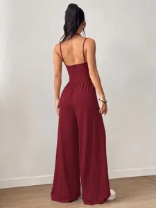 Summer casual backless spaghetti strap wide leg jumpsuit for women fashion chic apparel