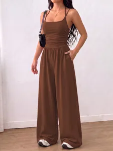 Women brown halter jumpsuit casual backless wide leg trousers summer streetwear fashion