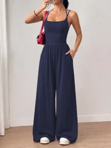 Summer navy blue spaghetti strap strapless wide-leg jumpsuit for women casual wear