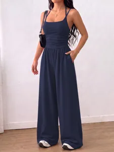 Women's Summer Halter Jumpsuit Casual Sleeveless Wide Leg Long Trousers with Pockets