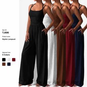 Women Summer Strappy Jumpsuit Casual Sleeveless Wide Leg Jumpsuits For Women Solid Color Strapless High Waist Romper Jumpsuit Beach Fashion Apparel