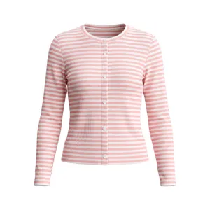 Detailansicht des rosa-weiß gestreiften Rippstrick-Cardigans mit feiner Stricktextur.