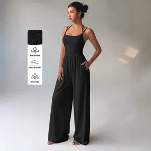 Summer women's black halter wide leg jumpsuit casual sleeveless backless chic streetwear