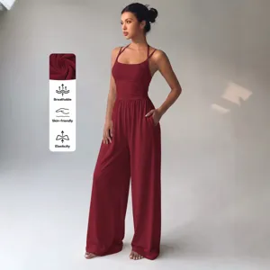 Summer casual sleeveless halter wide leg jumpsuit for women breathable comfortable stylish red romper