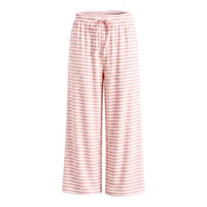 Rosa-weiße gestreifte Rippstrick-Hose Detail, bequemer Kordelzug-Bund für Damen.