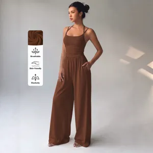 Summer women's brown casual sleeveless strap wide leg jumpsuit main product view