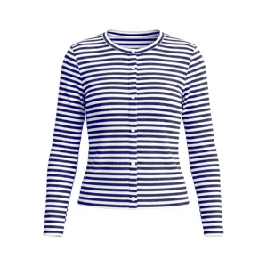 Damen gestreifter gerippter Langarm Knopfleiste Cardigan lässiges Strick Oberteil.
