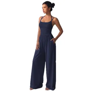 Summer casual spaghetti strap tube top wide leg jumpsuit for women, elegant daily wear.