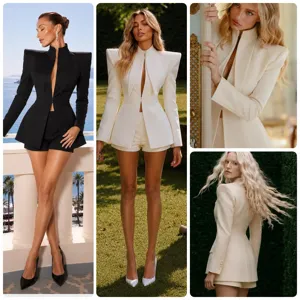 Vista dettagliata del blazer strutturato con spalline e dei pantaloncini coordinati.