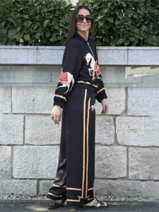 Retro color-block trim two-piece set with horse print, stand collar zip jacket and trousers.
